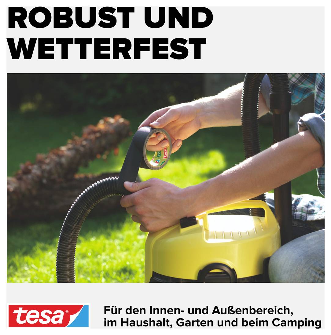 Eine Person benutzt einen Staubsauger im Freien. Text oben lautet 'ROBUST UND WETTERFEST'. Geeignet für Haushalt und Camping.