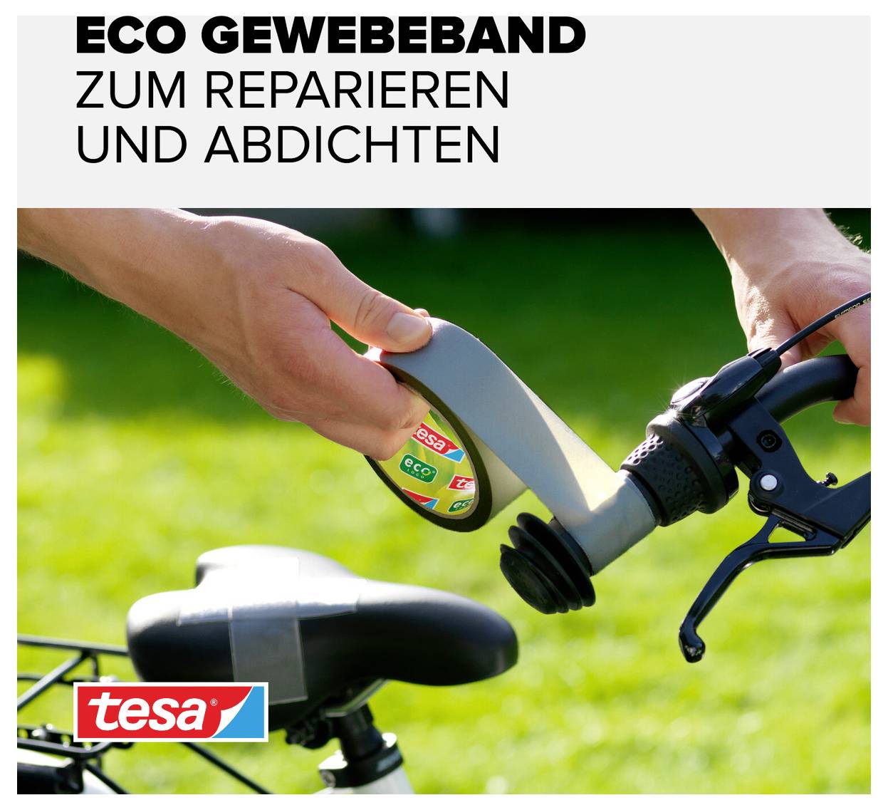 Person hält 'tesa' Eco Gewebeband, um einen Fahrradlenker zu reparieren. Text: 'ECO GEWEBEBAND ZUM REPARIEREN UND ABDICHTEN'.