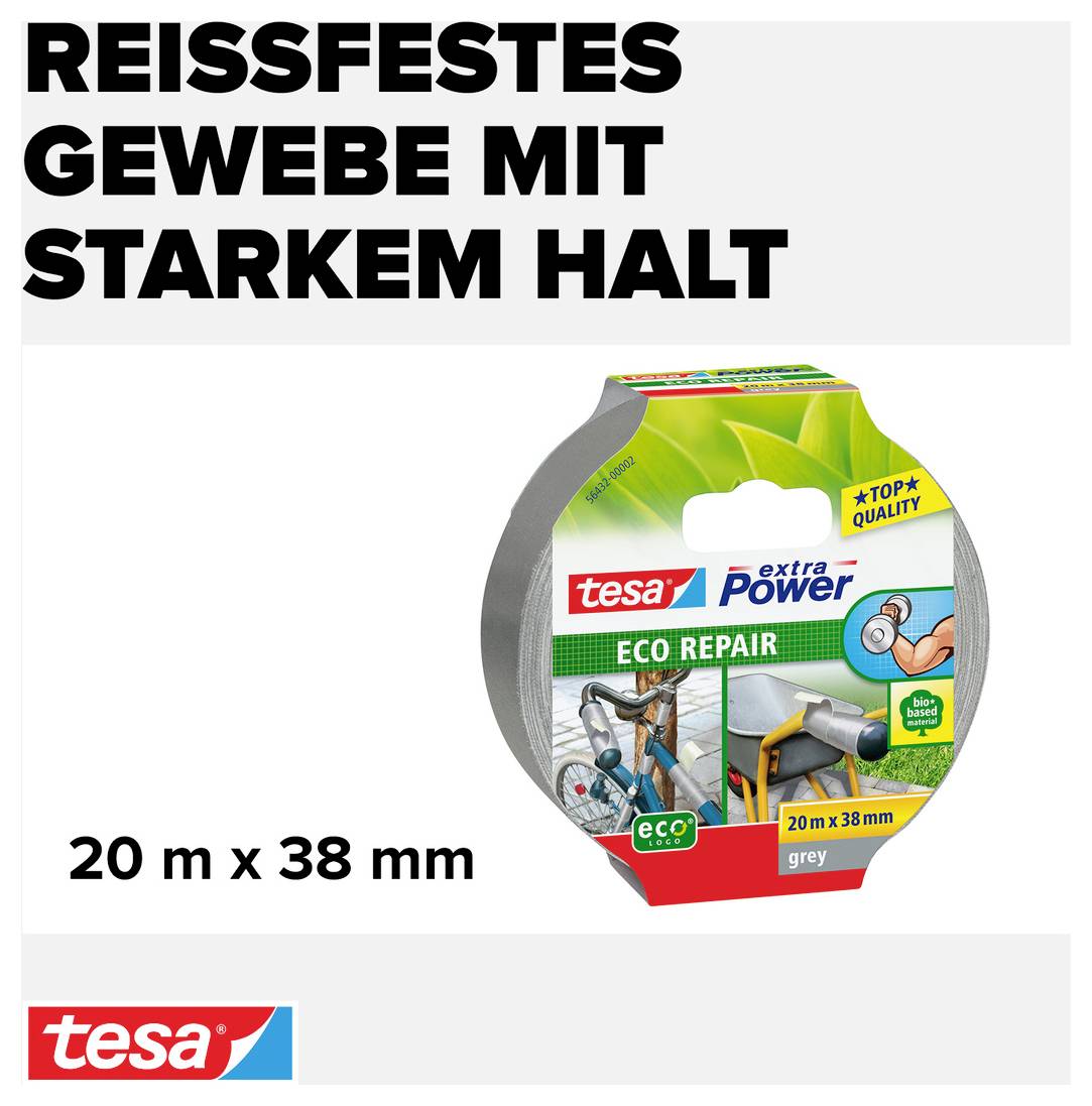 20 m x 38 mm Tesa Eco Power Reparaturband, grau, für starke und reißfeste Befestigung.
