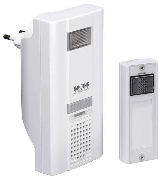 Weißes kabelloses Türklingel-Set mit Wandstecker-Empfänger und passendem Türklingel-Druckknopf-Sender.