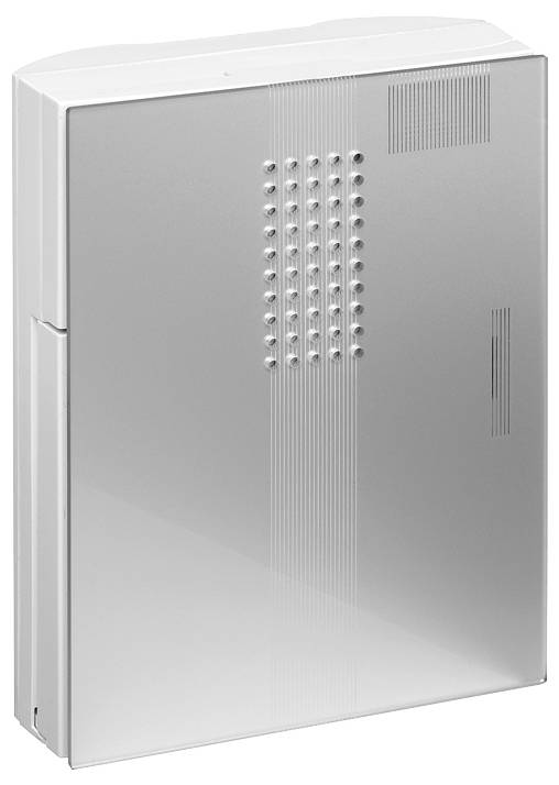 Weißer wandmontierter Elektroschrank mit glatter Metalltür und Reihen von kleinen Lüftungslöchern in der Nähe der oberen Mittelmitte.