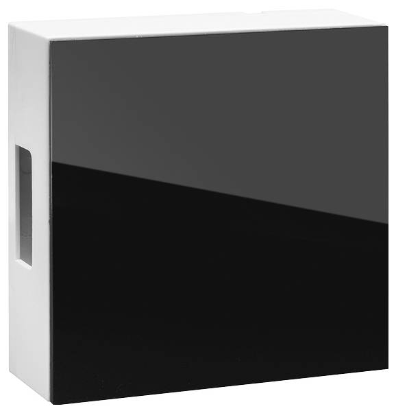 Glänzend schwarze und weiße rechteckige Produktbox oder Verpackung in Dreiviertelperspektive dargestellt.