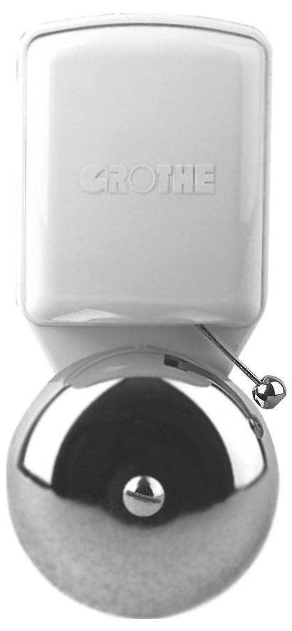 Weiße wandmontierte Türklingel mit hängender Chromglocke und geprägtem 'GROTHE'-Logo.