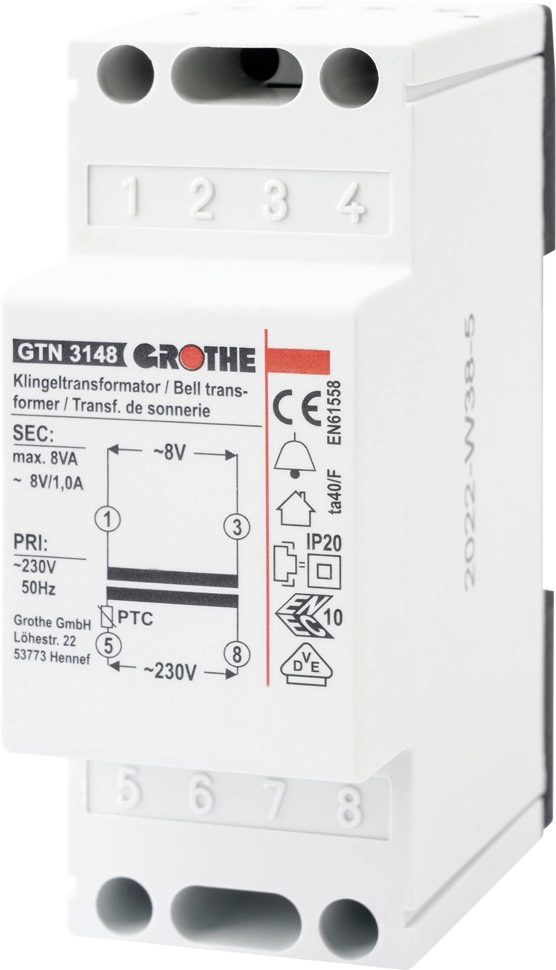 Weiße auf DIN-Schiene montierte Elektroglocken-Trafo mit der Beschriftung „GTN 3148