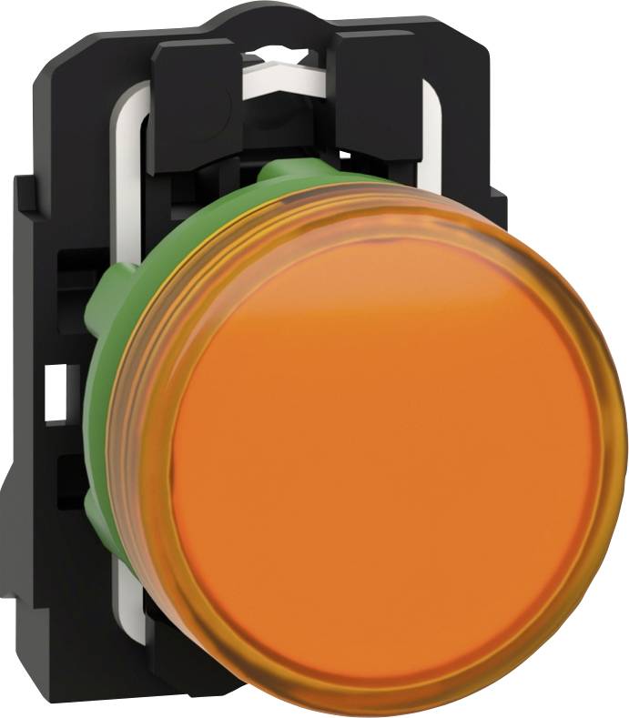Ein großer, runder, orangefarbener Druckknopf auf einer schwarzen Halterung, verwendet zur Steuerung in elektrischen oder mechanischen Systemen.