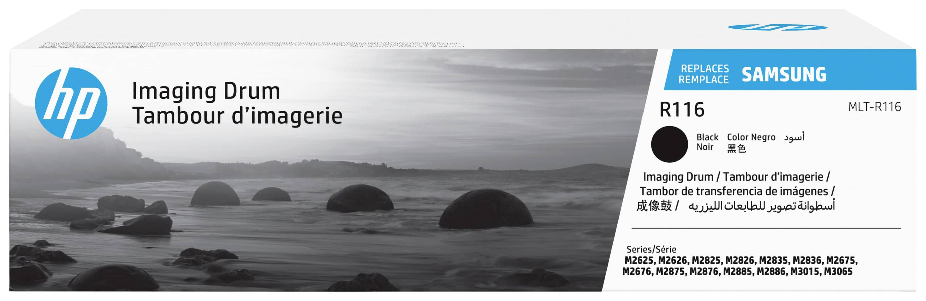 Eine Verpackung für eine HP Imaging Drum, Modell R116, schwarz. Markenlogos und Produktnamen sind auf der Verpackung sichtbar.