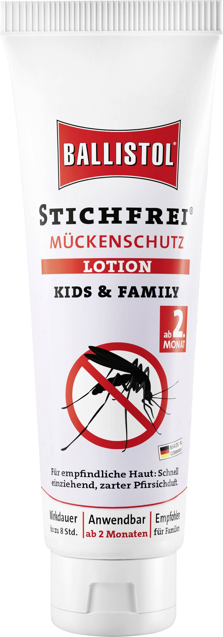 Eine Tube 'Stichfrei' Mückenschutz-Lotion für Kinder und Familie, geeignet ab 2 Monaten, für empfindliche Haut, zieht schnell ein.