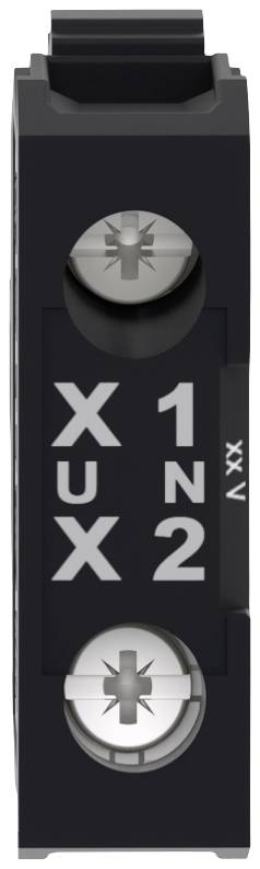 Klemmblock mit zwei Schraubverbindungen, beschriftet mit 'X1', 'X2', 'XU'. Oben und unten je eine Schraube zur Kabelbefestigung.