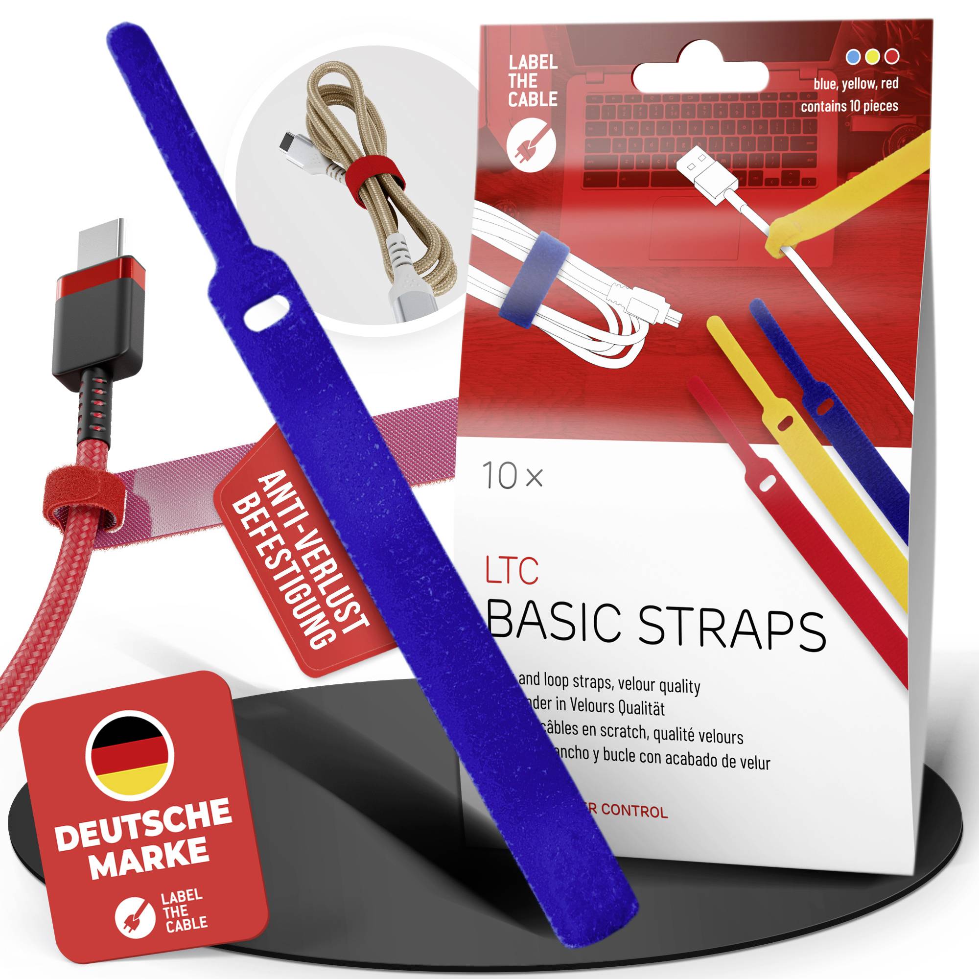 Package of 10 LTC Basic Straps cable ties in blue, yellow, and red, shown with a red cable and branding labels.