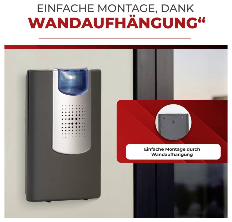 Alarmgerät mit blauer LED und Lautsprecher, an der Wand montierbar. Text: Einfache Montage, dank Wandaufhängung.