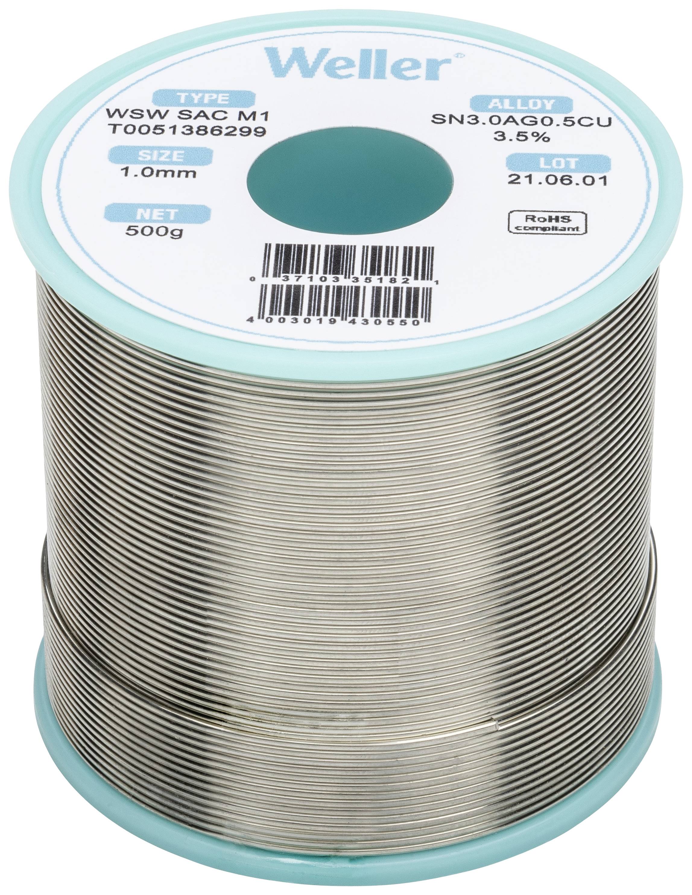 Eine Rolle mit Lötzinn der Marke Weller. Typ WSW SAC M1, Legierung SN3.0AG0.5CU. Durchmesser 1,0 mm, Gewicht 500 g, Lotnr. 21.06.01.