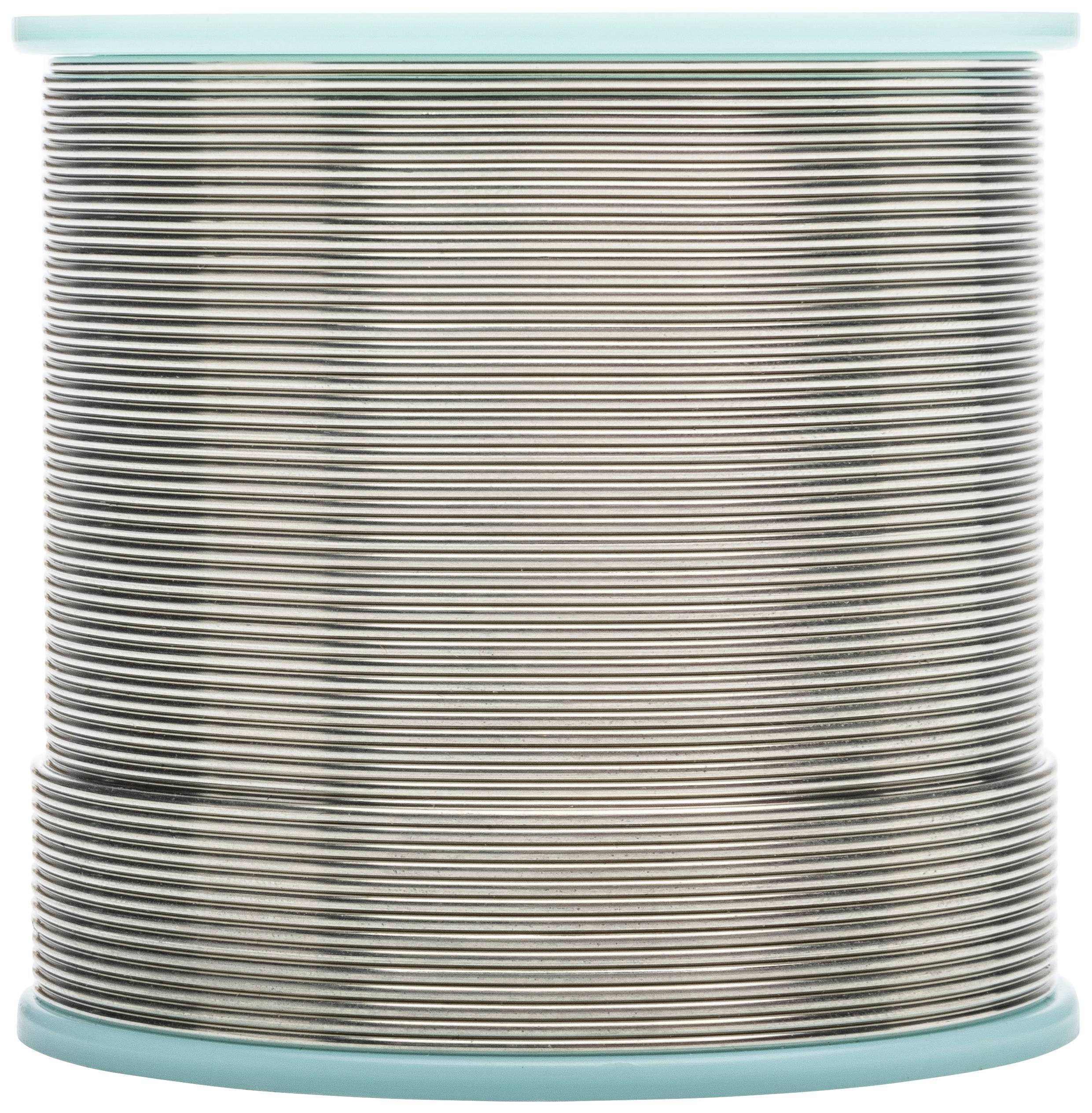 Eine große Rolle Lötzinn mit silberfarbenem Draht, auf einer türkisfarbenen Spule gewickelt.