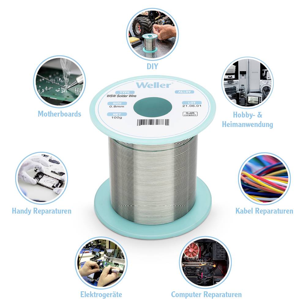 Lötzinnrolle von Weller, umgeben von sechs Anwendungsfotos: Mutterboard-Reparatur, Heim-Anwendung, Kabel-Reparatur, Elektrogeräte, Computer-Reparatur, Handy-Reparatur.