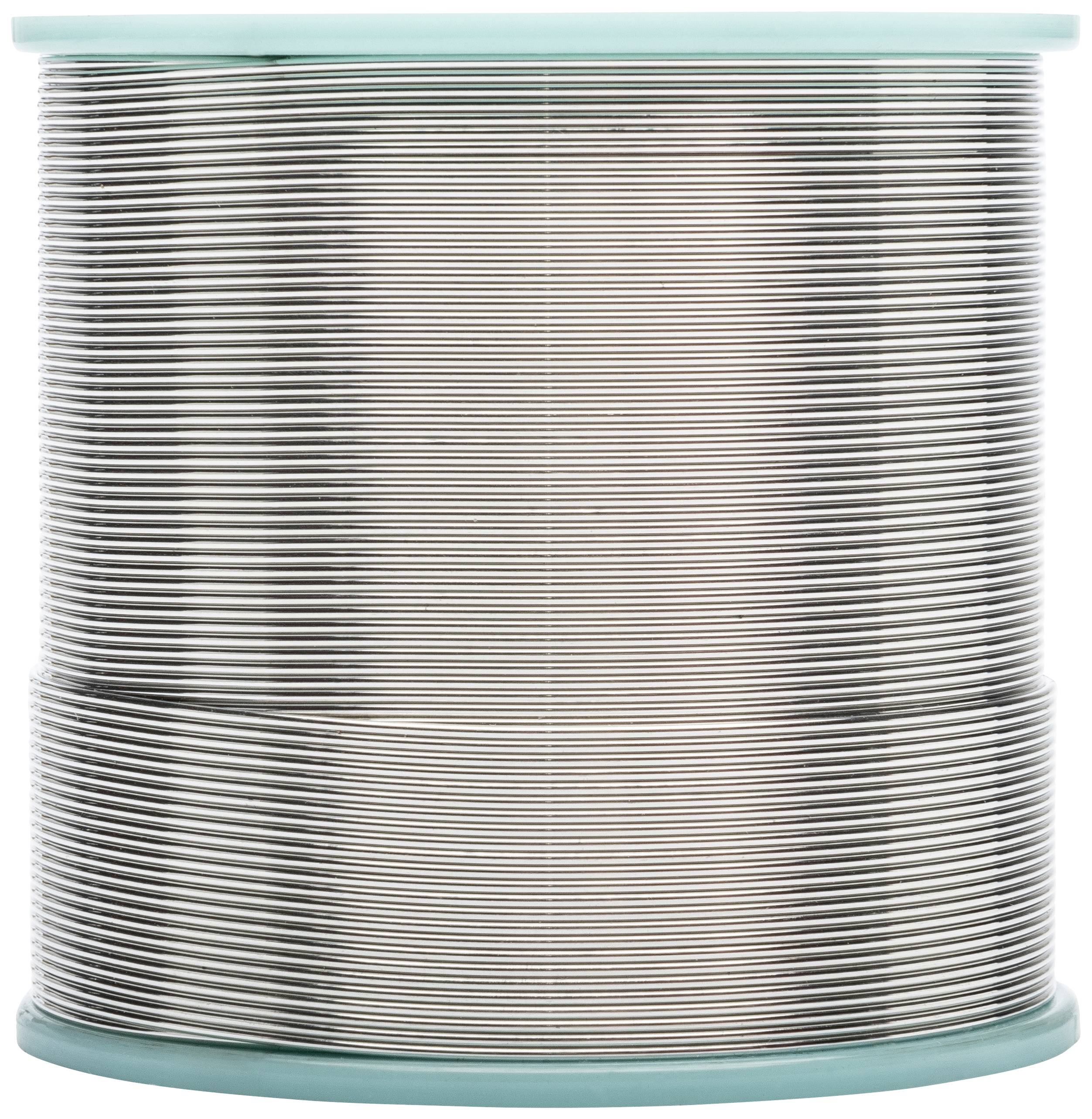 Eine große Spule aus verzinntem Lötdraht mit blauem Kunststoffrand, aufrecht stehend.