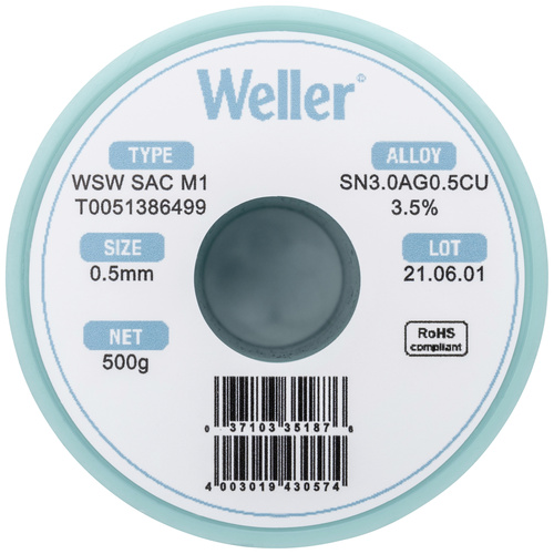 Étain à souder sans plomb Sn3,0Ag0,5Cu 0.5 mm Weller WSW SAC M1 bobine 500 g
