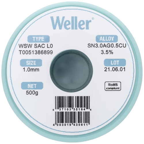 Weller WSW SAC L0 Lötzinn, bleifrei Spule Sn3,0Ag0,5Cu 500g 1mm Weller WSW SAC L0 Lötzinn, bleifrei Spule Sn3,0Ag0,5Cu 500g 1mm