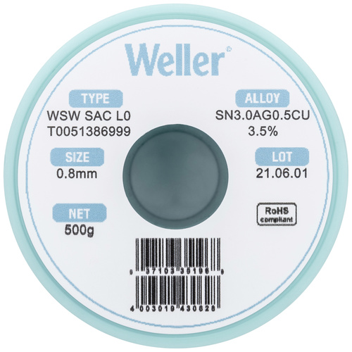 Weller WSW SAC L0 Lötzinn, bleifrei Spule Sn3,0Ag0,5Cu 500g 0.8mm