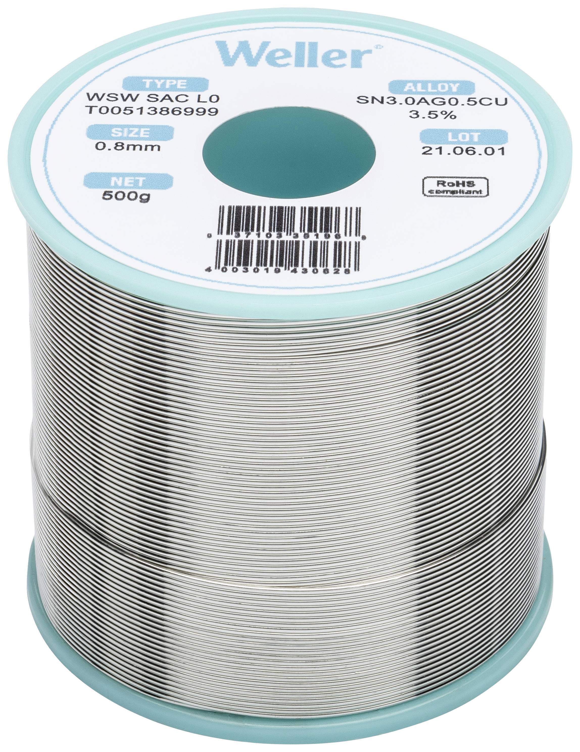 Lötzinnrolle von Weller, Typ WSW SAC L0, Gewicht 500g, Durchmesser 0,8mm, Legierung SN3.0AG0.5CU, Lotnummer 21.06.01.