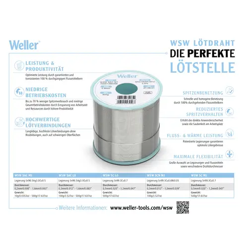 Weller WSW SAC L0 Lötzinn, bleifrei Spule Sn3,0Ag0,5Cu 500g 0.5mm Weller WSW SAC L0 Lötzinn, bleifrei Spule Sn3,0Ag0,5Cu 500g 0.5mm