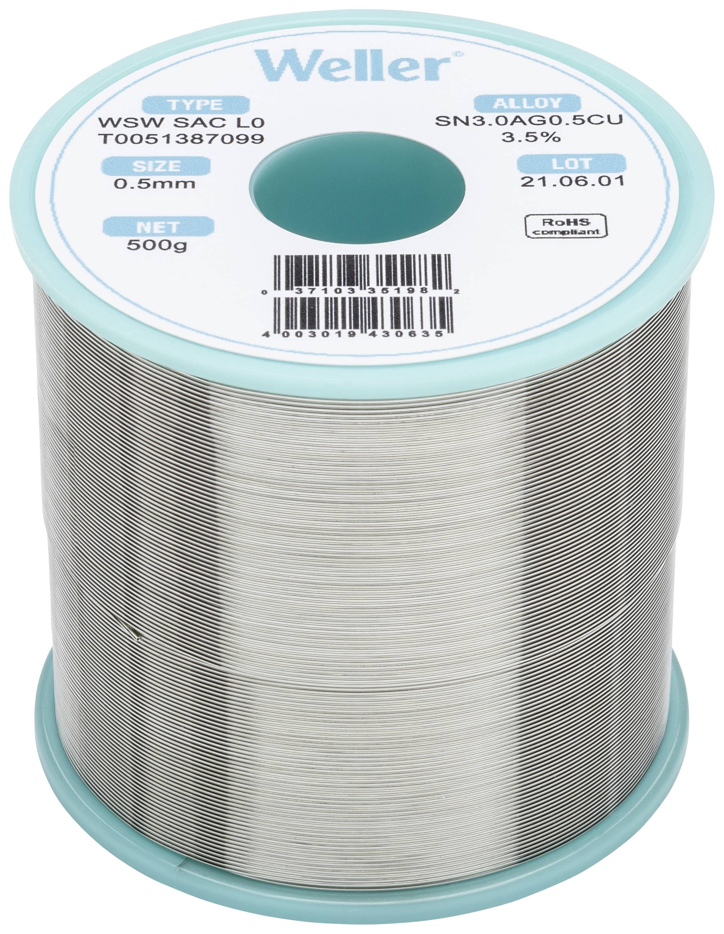 Lötzinnrolle der Marke Weller, Typ WSW SAC L0, Legierung SN3.0AG0.5CU, Gewicht 500g, Durchmesser 0,5mm, Lot-Nr. 21.06.01.