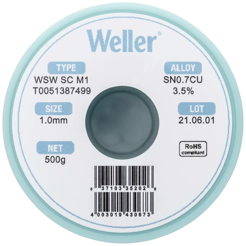 Weller WSW SC M1 Lötzinn, bleifrei Spule Sn0,7Cu 500g 1mm Weller WSW SC M1 Lötzinn, bleifrei Spule Sn0,7Cu 500g 1mm