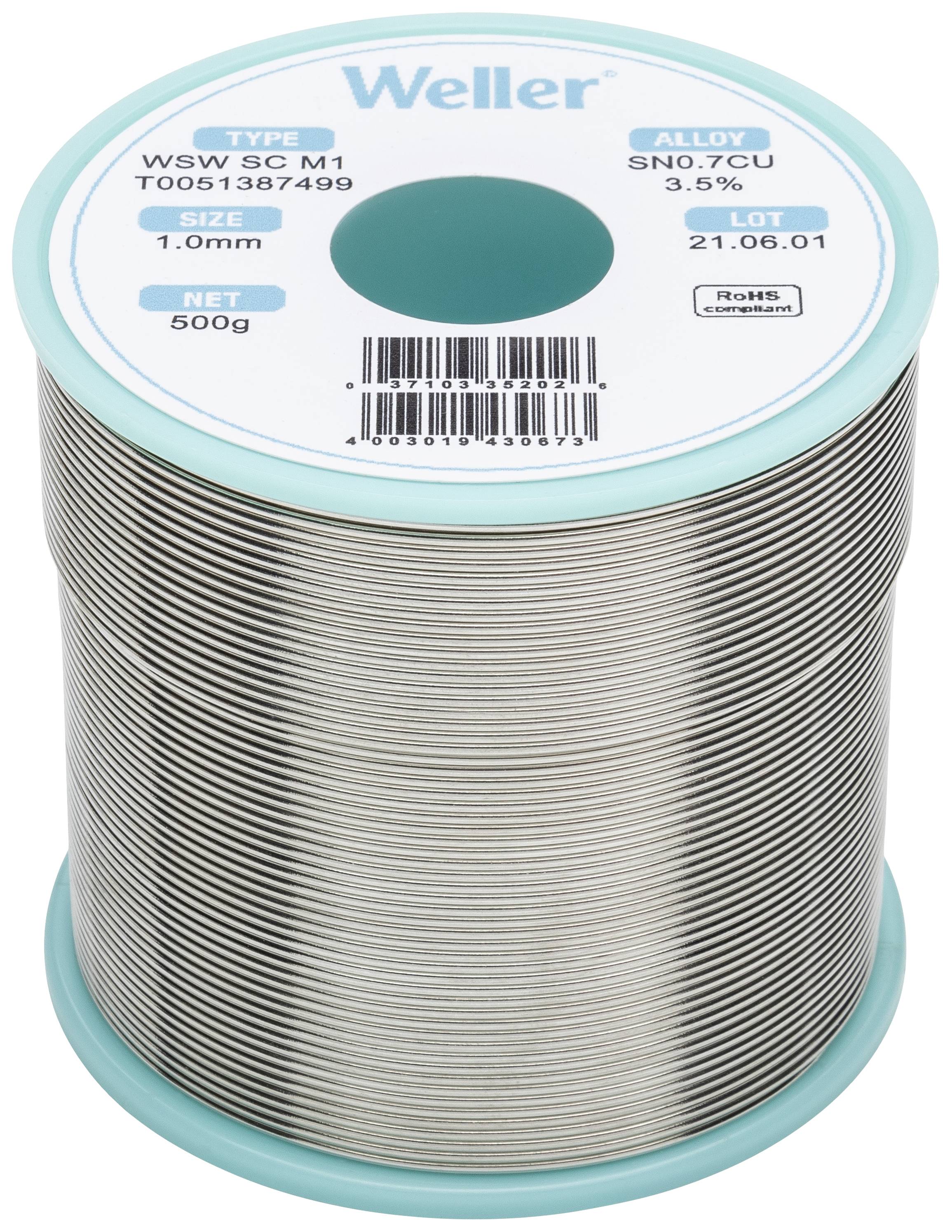Lötzinnrolle von Weller, Typ WSW SC M1, SN0.7CU 3.5%, Größe 1.0 mm, Nettogewicht 500 g, Lotnummer 21.05.01, RoHS-konform.