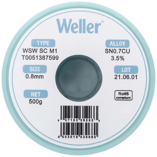 Weller WSW SC M1 Lötzinn, bleifrei Spule Sn0,7Cu 500 g 0.8 mm