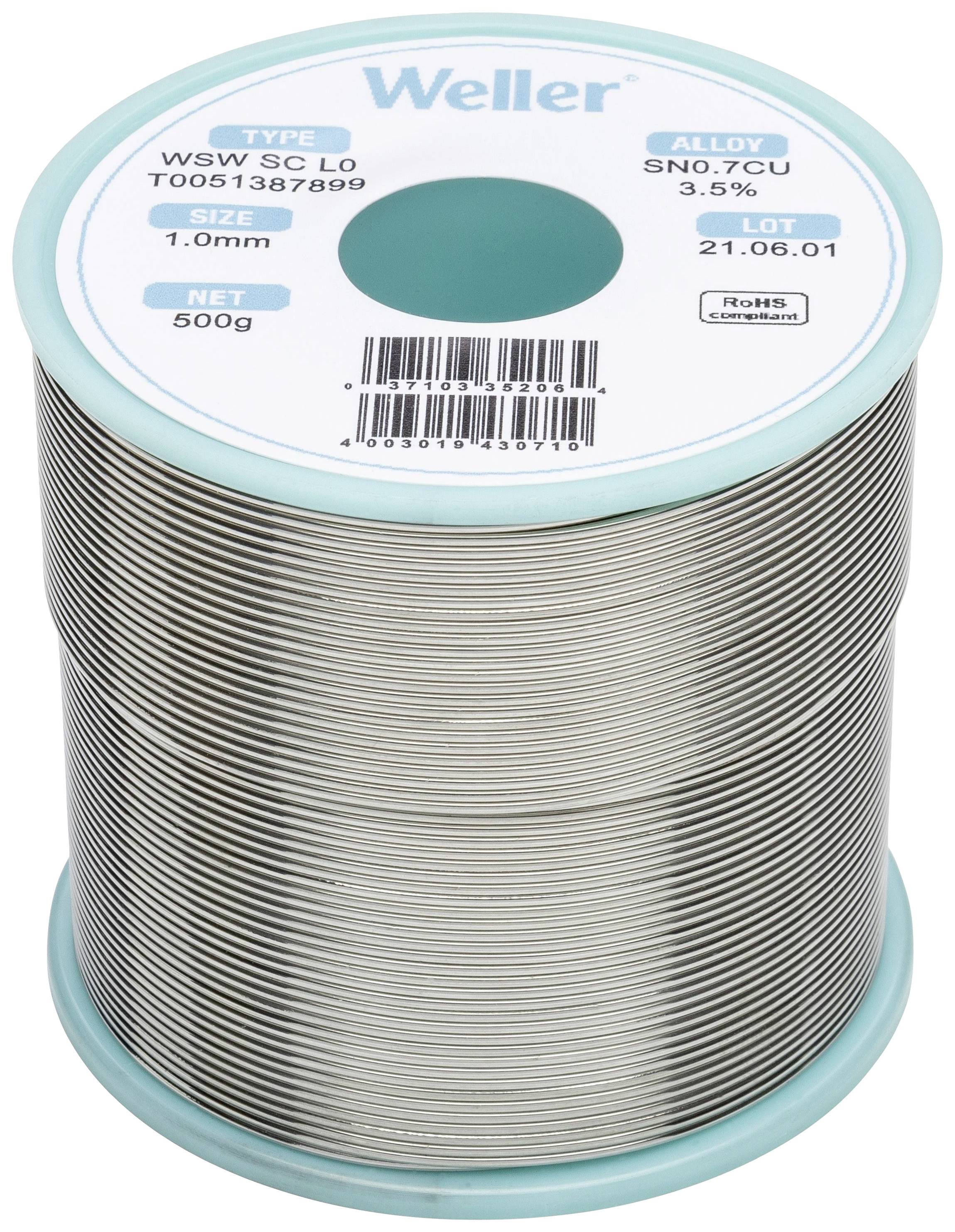 Eine große Rolle Silberlot mit der Aufschrift 'Weller' oben. Größe: 1,0 mm, 500g Nettogewicht, Legierung: SN0,7Cu, 3,5 %.