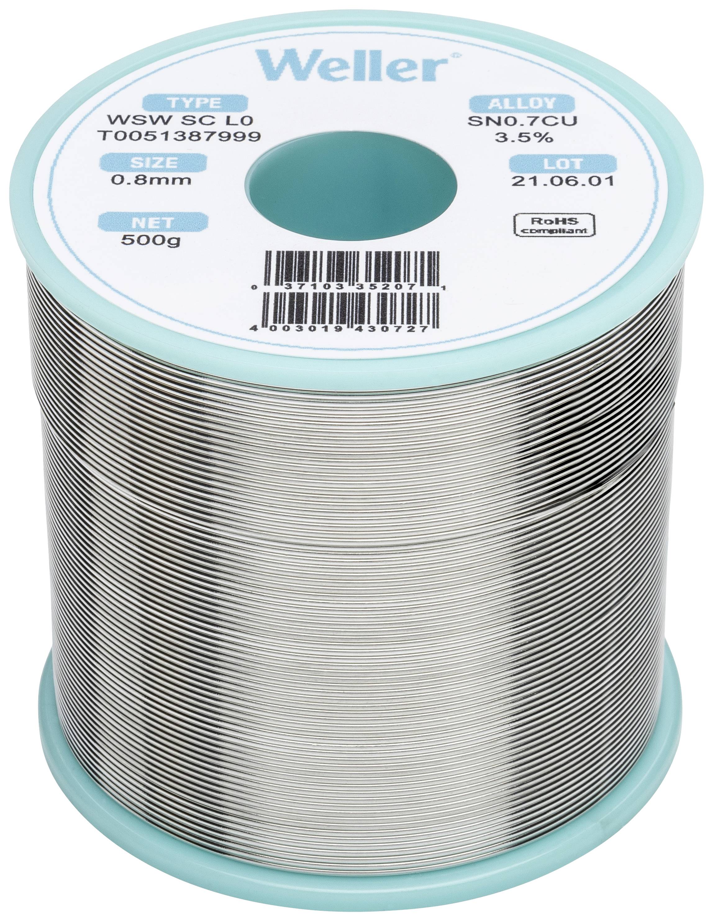 Lötzinn-Spule der Marke 'Weller', Typ WSW SC L0, Legierung SN0.7CU 3.5%, Durchmesser 0,8mm, Gewicht 500g, Lotnummer 21.05.01.