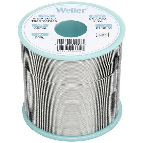 Weller WSW SC L0 Lötzinn, bleifrei Spule Sn0,7Cu 500g 0.8mm Weller WSW SC L0 Lötzinn, bleifrei Spule Sn0,7Cu 500g 0.8mm