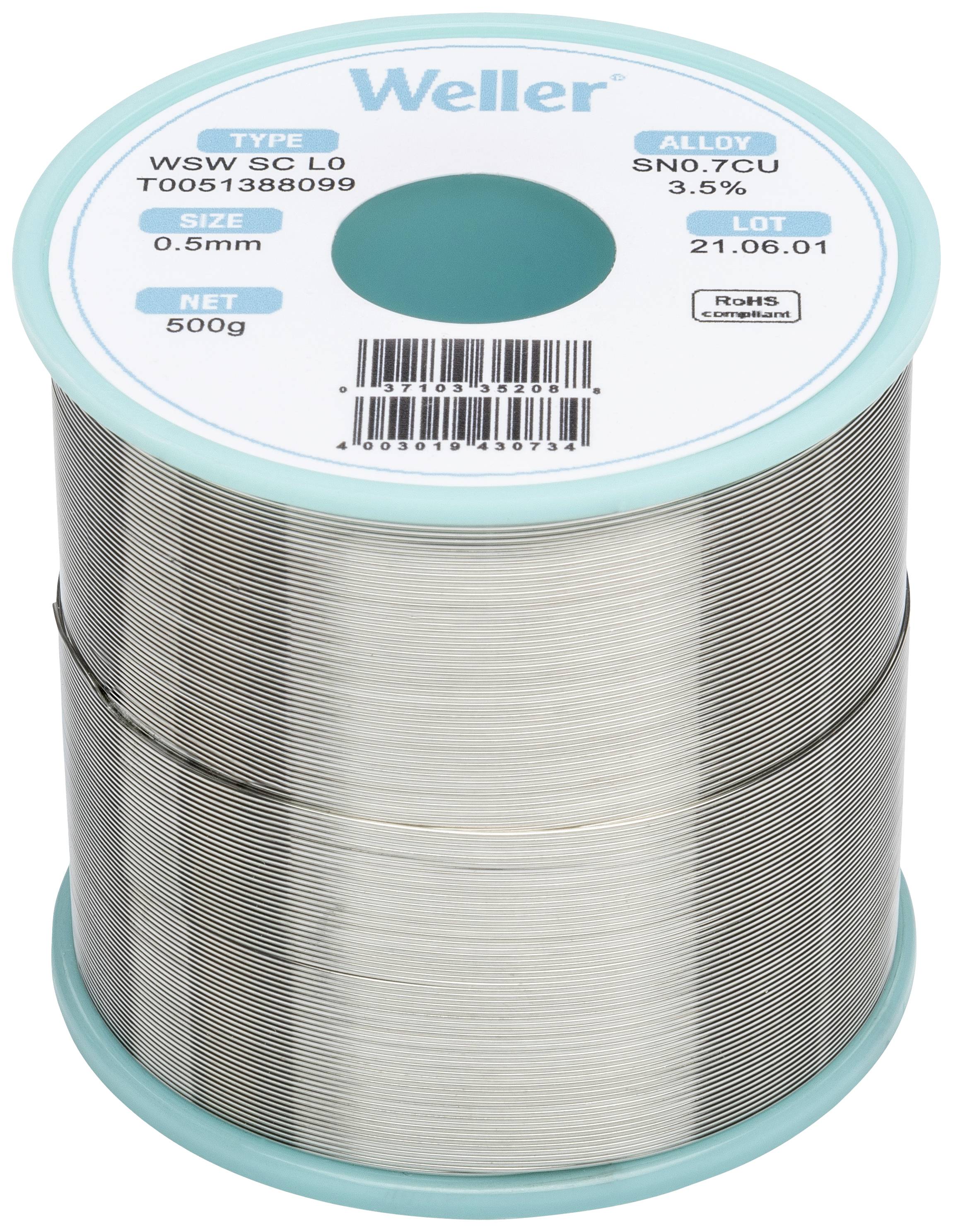 Lötzinnrolle der Marke Weller, Typ WSW SC L0. Durchmesser 0,5 mm, Legierung SN0.7CU 3,5%. Gewicht 500g.