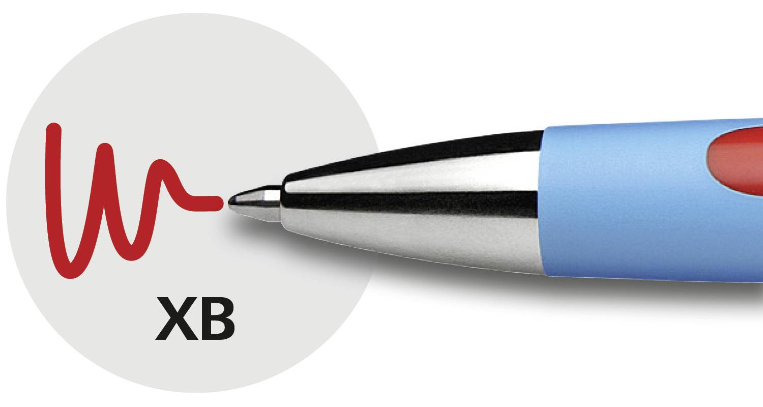 Ein Kugelschreiber mit blauer Hülle schreibt eine rote Linie. Daneben steht 'XB'.