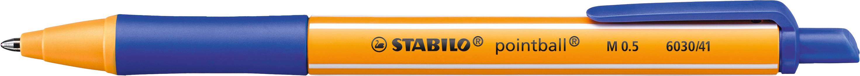 Ein orange-blauer Kugelschreiber der Marke Stabilo liegt horizontal.
