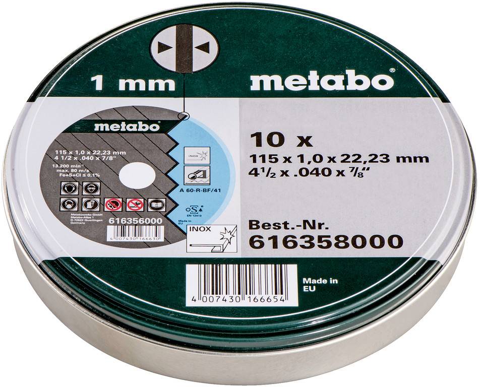 Metabo Trennscheiben-Packung mit Bezeichnung 10 x 115 x 1,0 x 22,23 mm, Best.-Nr. 616358000, in einer runden Metalldose.