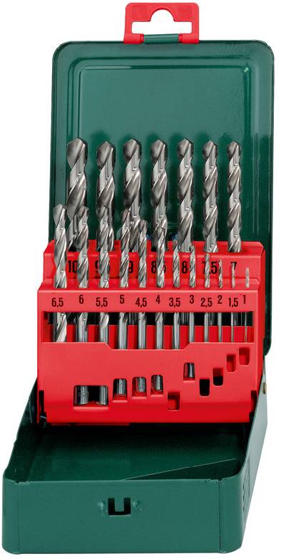 Grün- und rotfarbener Bohrbittsatzkasten mit mehreren Metallbits, die nach Größe in einer tragbaren Aufbewahrungsbox angeordnet sind.