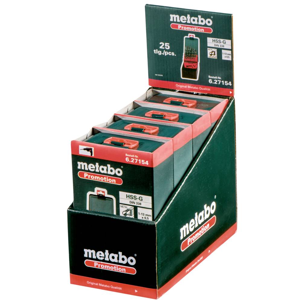 Metabo Bohrersatz-Display mit Aufschrift ‚25-tlg., HSS-G'. Das Display ist mit Werbelabels versehen und zeigt detaillierte Verpackungsinformationen.