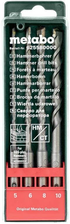 # Metabo Schlagbohrersatz in Kunststoffkoffer mit vier Bits in den Größen 5, 6, 8 und 10 mm und mehrsprachigen Produktdetails.