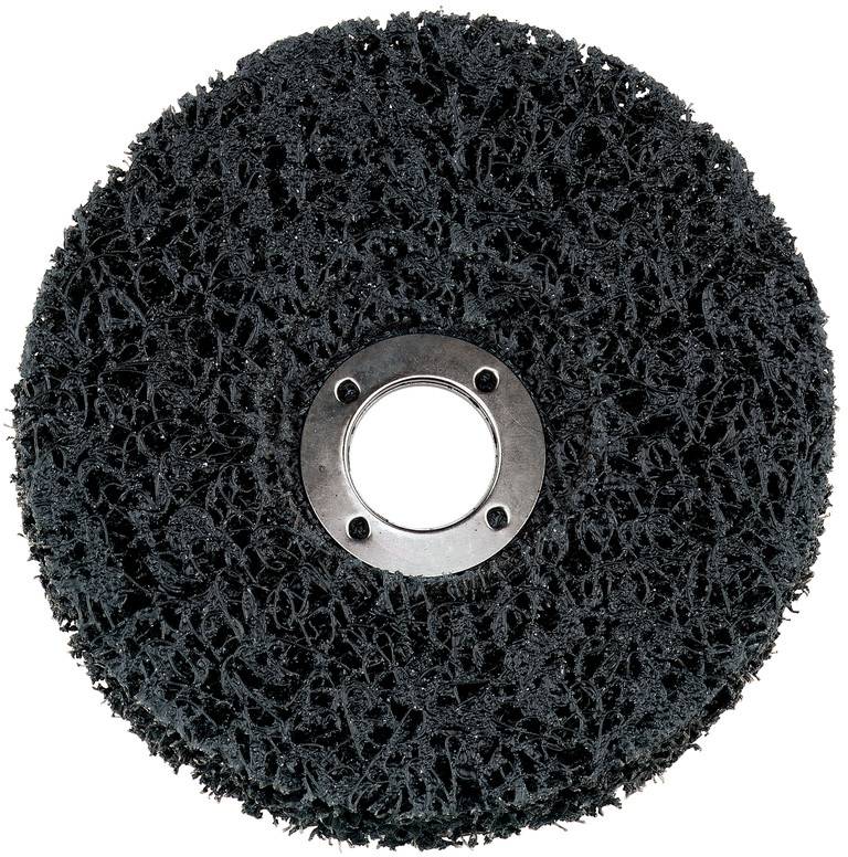 Schwarze Schleifscheibe mit zentralem Metallbefestigungsring auf weißem Hintergrund.