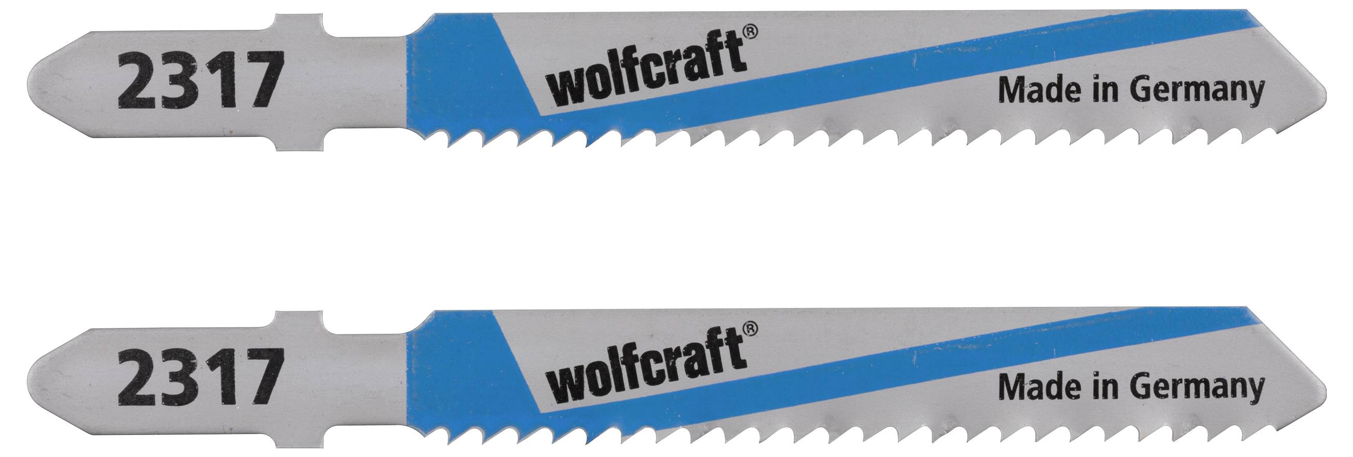 Zwei Metallsägeblätter der Marke Wolfcraft, Modellnummer '2317', mit dem Aufdruck 'Made in Germany'.