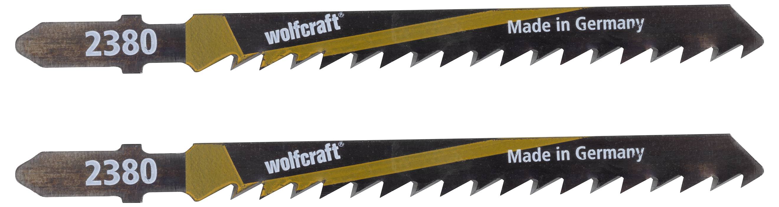 'Zwei Stichsägeblätter der Marke Wolfcraft, Modellnummer 2380, mit der Aufschrift 'Made in Germany'.'