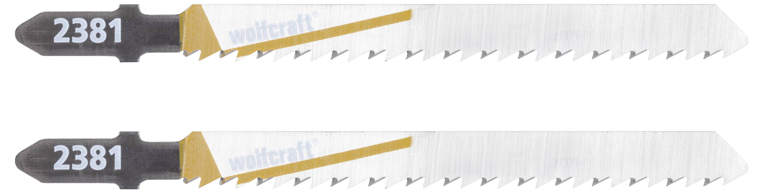 Zwei identische Stichsägeblätter mit der Aufschrift '2381' und 'wolfcraft', gezahnt, in Silber mit schwarzem und gelbem Detail.