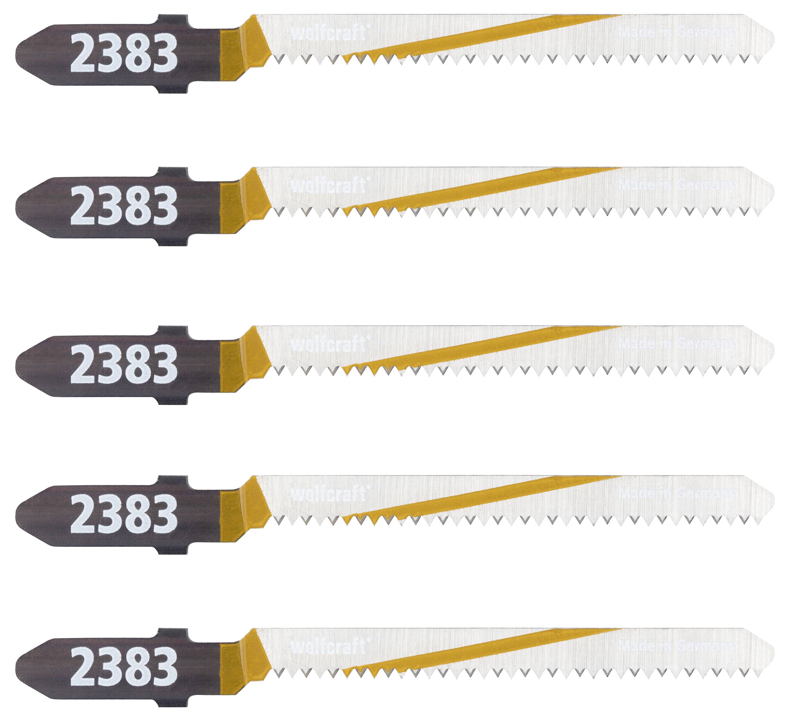 Fünf identische Stichsägeblätter mit der Aufschrift '2383'. Ideal für präzise Schnitte in Holzarbeiten.