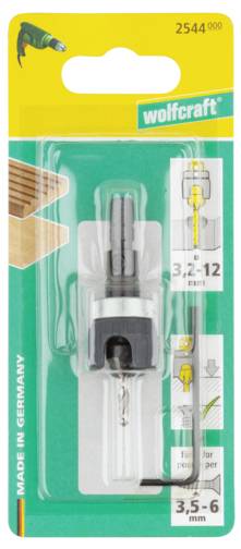 Verpackung eines Wolfcraft Holzbohrersets mit Holzbohrer, Tiefenstop und Inbusschlüssel, geeignet für Bohrungen von 3,5-12 mm.