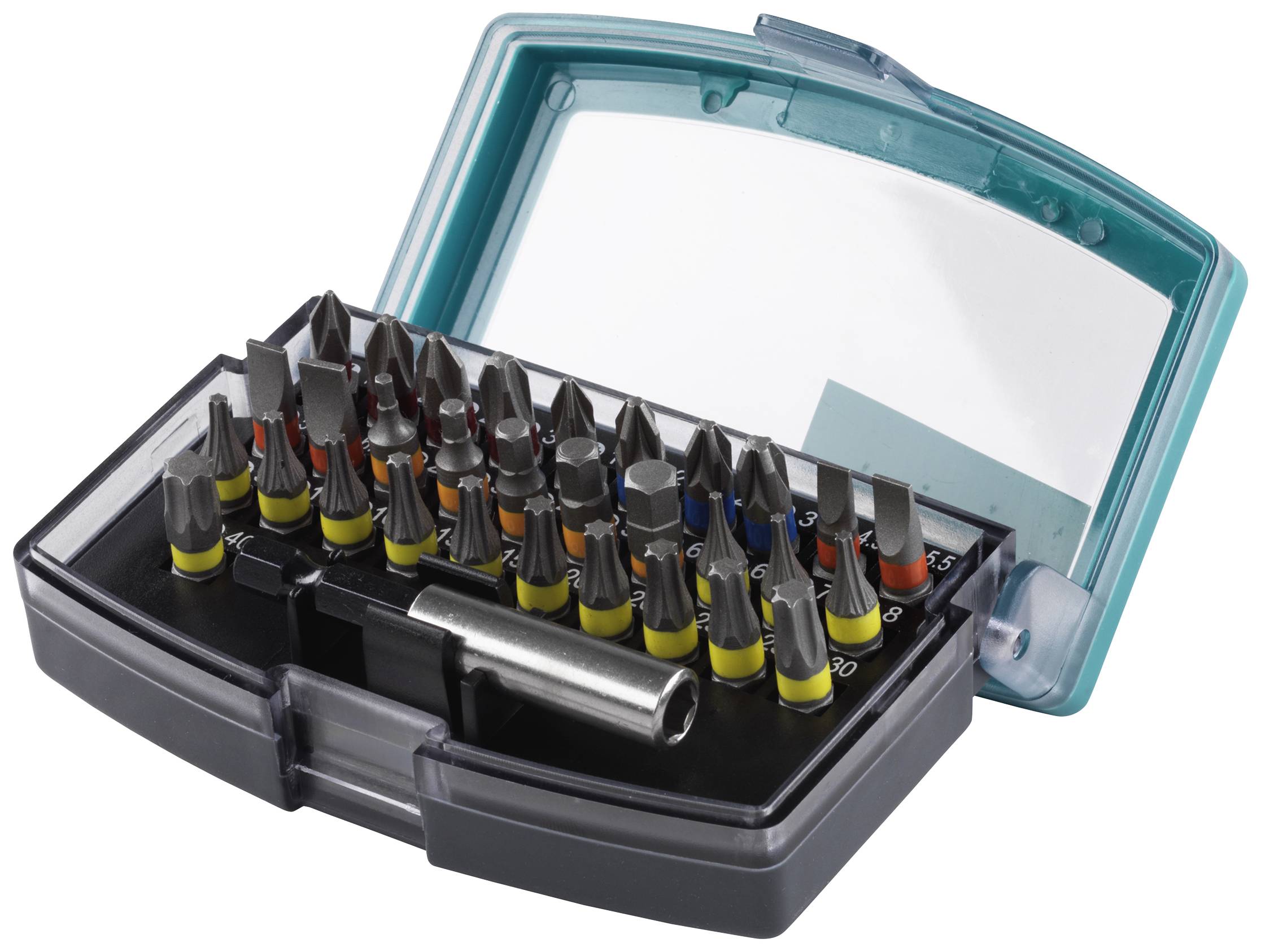 Ein Set von 32 magnetischen Schraubendreher-Bits in einer Aufbewahrungsbox. Die Bits sind farblich markiert für verschiedene Schraubentypen.