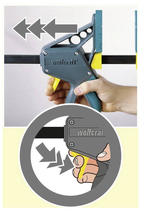 'Wolfcraft' Schraubzwinge in Gebrauch, zeigt die Hand, die den Griff umfasst und den Schnellspannauslöser betätigt. Pfeile zeigen die Bewegungsrichtung an.