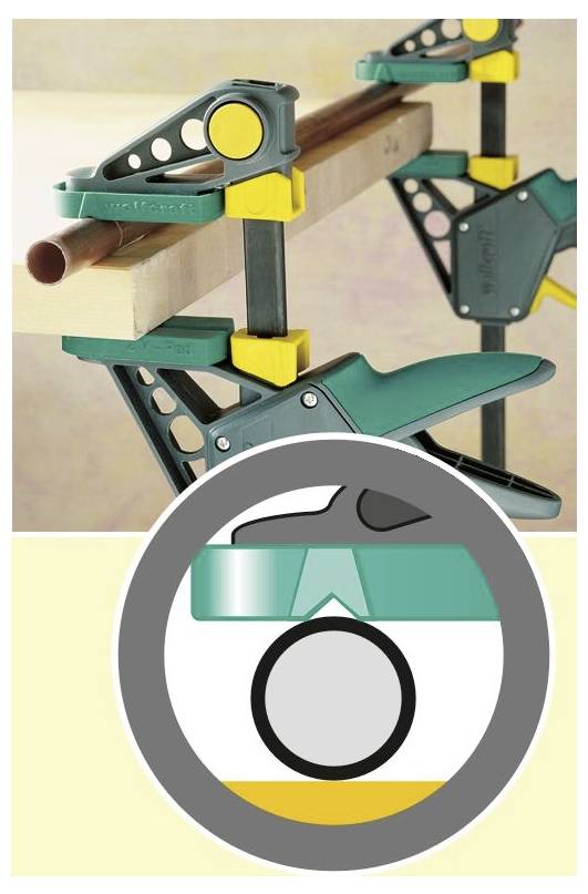 Eine Klemmvorrichtung sichert ein Holzstück, wobei eine Einblendung den Mechanismus zeigt und verstellbare Komponenten in Gelb und Grün hervorhebt.