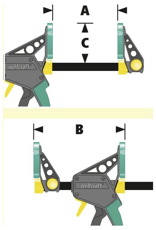 Die Abbildung zeigt zwei Diagramme eines Werkzeugs. Das obere Diagramm hebt die Dimensionen A, C und den Abstand zwischen eingeklemmten Teilen hervor. Das untere Diagramm hebt die Dimension B mit zwei zusammengedrückten Teilen hervor.