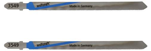 Zwei graue Sägeblätter der Marke 'wolfcraft', beschriftet mit 'Made in Germany' und der Nummer '3549'.