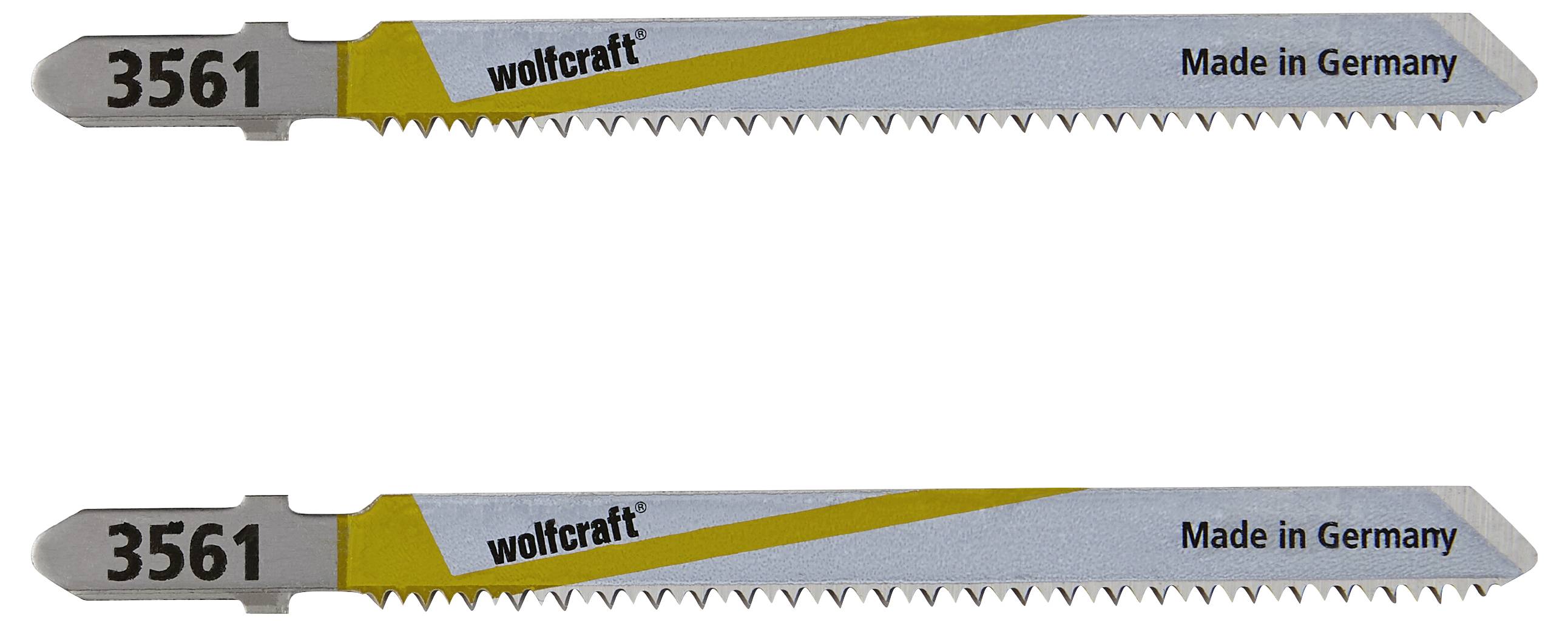 Zwei Stichsägeblätter von wolfcraft, Modelle '3561', mit gelben Streifen, Aufschrift 'Made in Germany'.