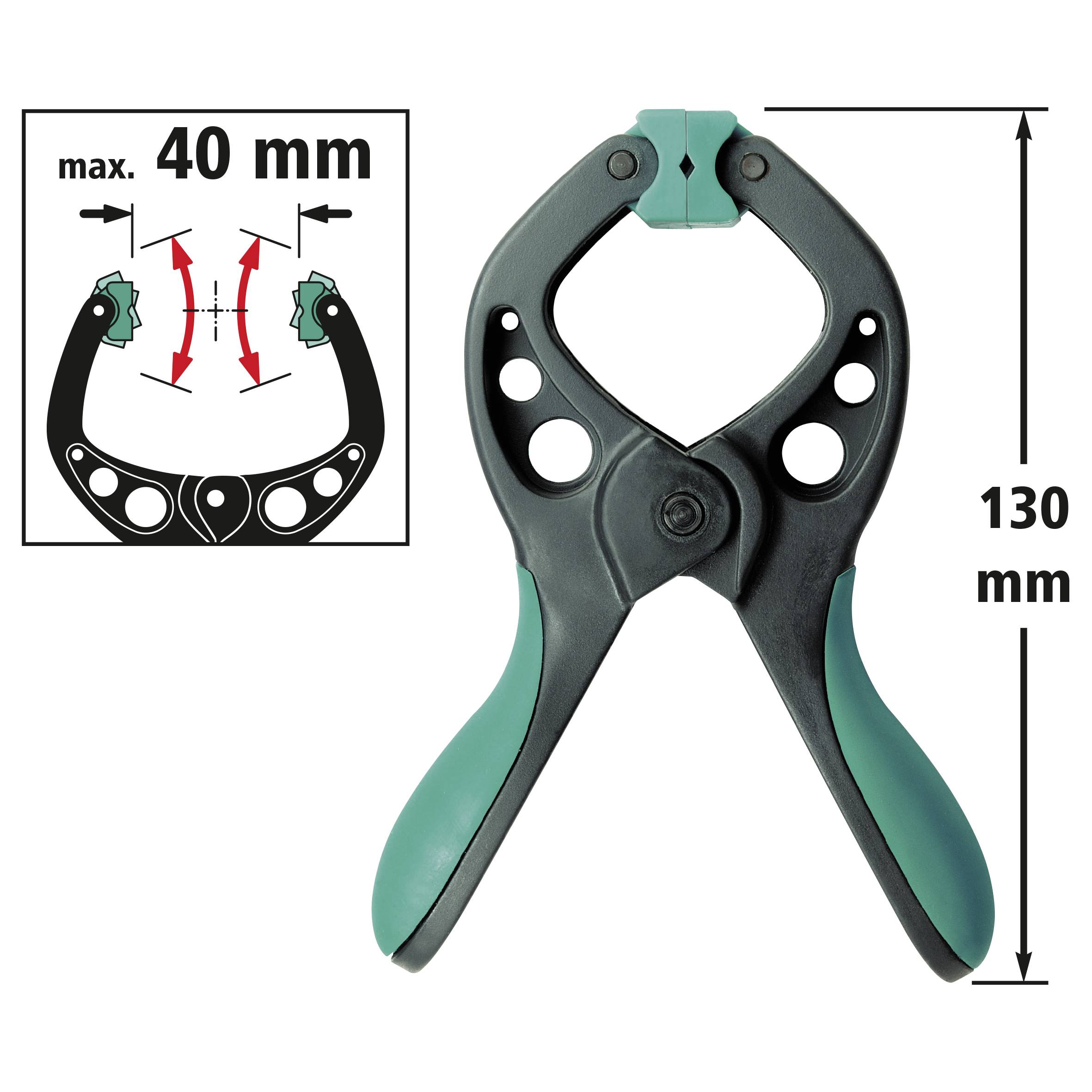Handzwinge, Kunststoff, maximale Spannweite 40 mm, Gesamtlänge 130 mm.